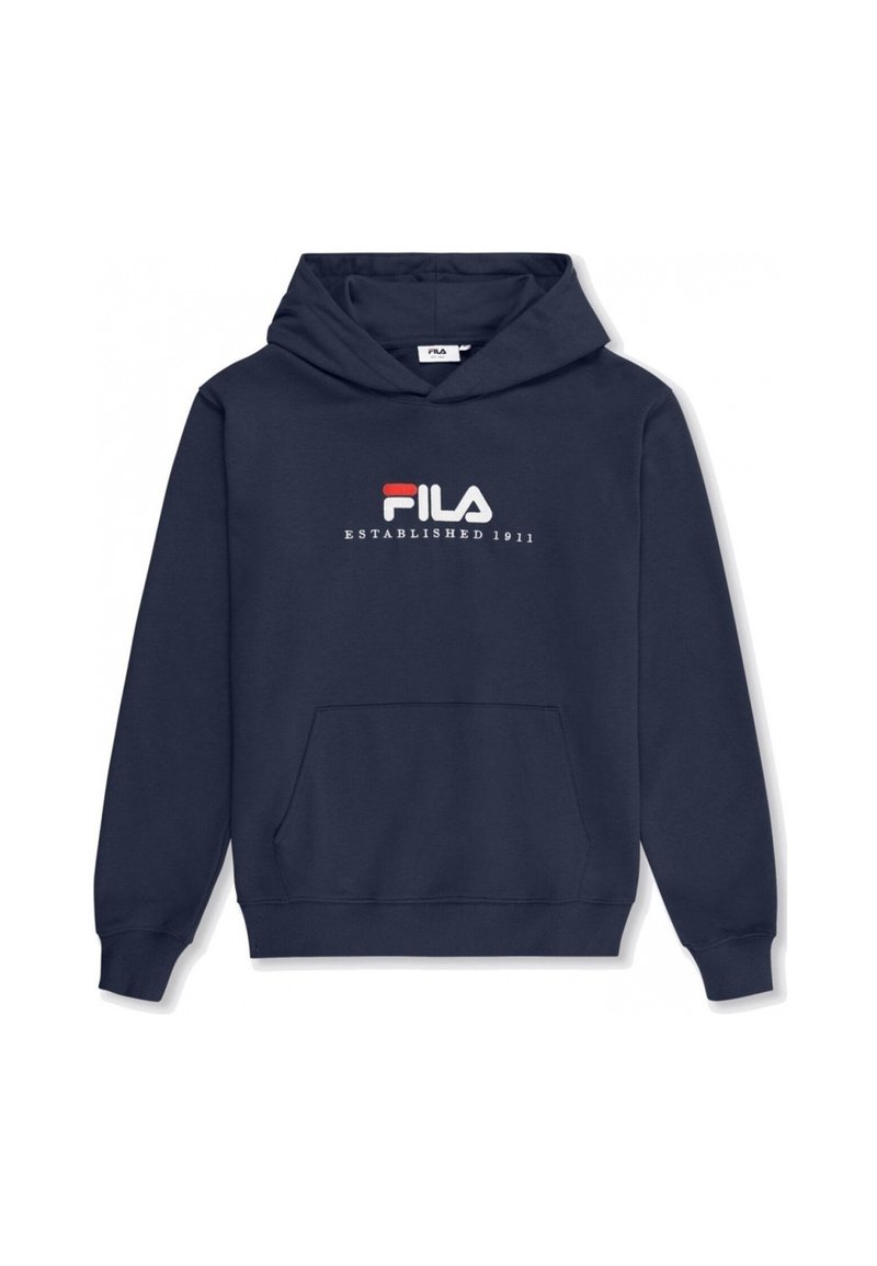 Sudadera con capucha de color azul marino hecha de un tejido suave, con un bolsillo tipo canguro en la parte frontal. Presenta el logo "FILA" y el texto "ESTABLECIDO EN 1911" en colores contrastantes.