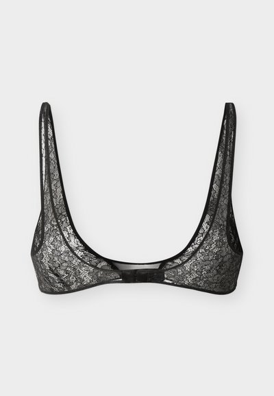 Μαύρο σουτιέν bralette από δαντέλα με λεπτές ρυθμιζόμενες τιράντες και ημιδιάφανο υφαντό με λουλουδένιο μοτίβο, μπροστινό κλείσιμο με αγκράφα και λιτός σχεδιασμός.