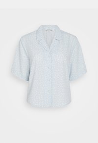 Light blue short-sleeve shirt made of soft fabric, featuring a floral print, button closure, and a relaxed fit with a notched collar.