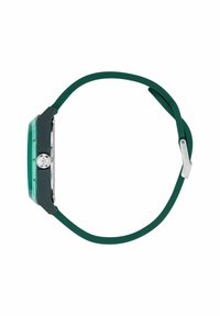 Grön silikonrem klocka med en rektangulär, transparent mineralglaslåda. Har silverdetaljer, siffror och en minimalistisk design.