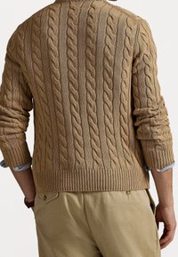 Maglione a treccia in tono marrone chiaro, con polsini e orlo a costine. Indossato sopra una camicia col blu chiaro, con pantaloni visibili in color sabbia.