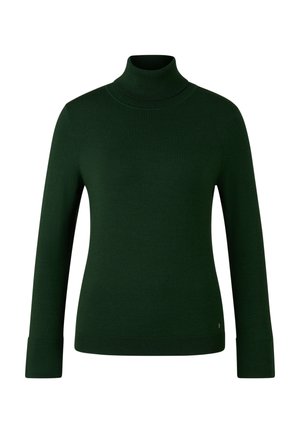 Mørkegrøn langærmet højhalset sweater med ribbet krave, manchetter og kant, præsenteret mod en hvid baggrund.