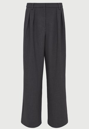 Wide-leg trousers in dark gray fabric, featuring front pleats, a smooth texture, and a tailored waistband with belt loops.