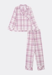 Pigiama a quadri con maniche lunghe e pantaloni, caratterizzato da un motivo a check lavanda e bianco, chiusura con bottoni e taschino sul petto. Tessuto in cotone morbido.