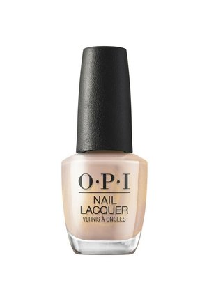 Flacon de vernis à ongles OPI avec un bouchon noir, contenant un vernis beige clair, nom du produit visible à l'avant.
