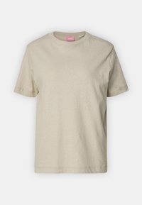 Beige katoenen T-shirt met korte mouwen, ronde halslijn en minimale textuur. Label met roze branding. Klassieke pasvorm, zonder patronen.
