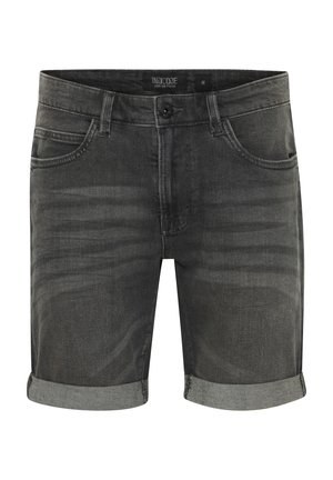 Grijze denim shorts met een slim fit, voorzien van opgerolde zomen, vijf zakken en een knoopsluiting. Glad textuur met subtiele vervagingdetails.