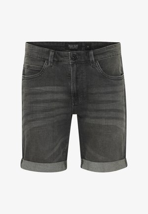 Szürke farmer rövidnadrág, slim fit szabással, felgombolt szárakkal, öt zsebbel és gombos záródással. Simályos textúra, finom elhalványulásokkal.