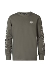 T-shirt a maniche lunghe verde oliva in morbido cotone, con un piccolo logo sul petto e una grande scritta lungo entrambe le maniche.
