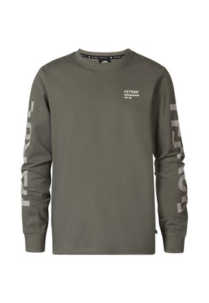 T-shirt a maniche lunghe verde oliva in morbido cotone, con un piccolo logo sul petto e una grande scritta lungo entrambe le maniche.