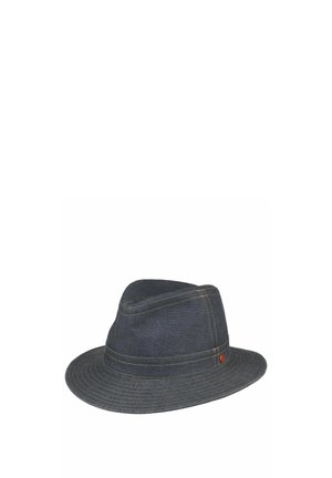 Dark gray fabric fedora hat with a wide stitched brim and a small orange circular detail on the side.