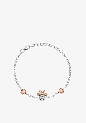 Silberarmband mit einem Kettenmotiv, das in der Mitte einen klaren Strassstein und auf jeder Seite roségoldene Herzakzente zeigt.