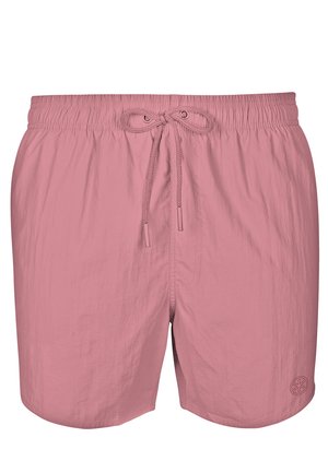 Roze zwemshorts van lichtgewicht stof, met een elastische tailleband met trekkoord en een subtiele logo-detail aan de onderkant rechts.