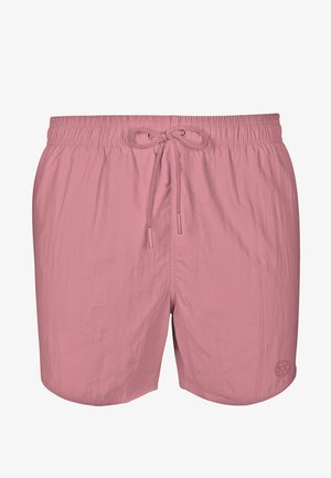 Roze zwemshorts van lichtgewicht stof, met een elastische tailleband met trekkoord en een subtiele logo-detail aan de onderkant rechts.