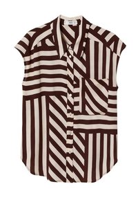 Chemise à manches courtes avec boutons de couleur crème, ornée de rayures diagonales et horizontales marron, avec une poche poitrine unique et un ourlet arrondi.