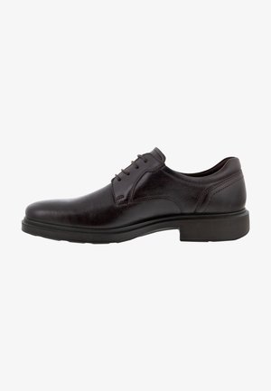 Brown leather dress shoe with a smooth surface, rounded toe, six eyelets, and a rubber sole for traction. Side stitching detail visible.