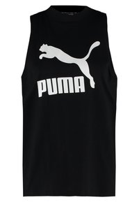 Černý bezrukávový top s velkým bílým logem Puma a kulatým výstřihem, vyrobený z bavlny s hladkou texturou.