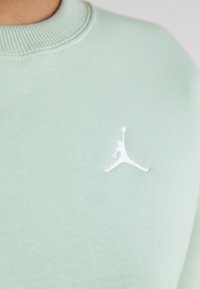 Sudadera verde claro con cuello redondo acanalado y el logo Jumpman bordado en blanco en el pecho. Textura suave y diseño casual.