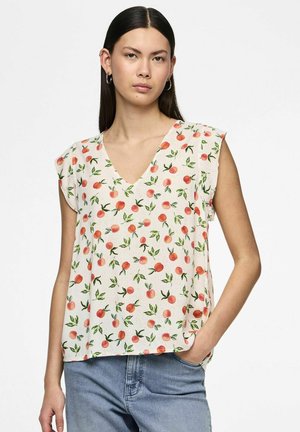 Blusa de manga corta y escote en V en color crema con estampado floral en naranja y verde. Tela ligera; corte relajado con dobladillo recto y textura sutil.