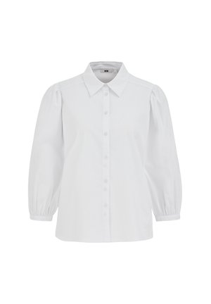 Fehér ing, gombos, gallérral, fodros ujjakkal és gumis mandzsettákkal. Puha anyagból készült, sima textúrával és tiszta dizájnnal.