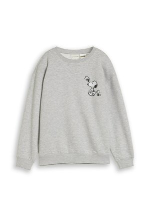 Hellgrauer Sweatshirt mit langen Ärmeln und einem kleinen schwarz-weißen Snoopy- und Woodstock-Cartoon-Design auf der linken Brust.