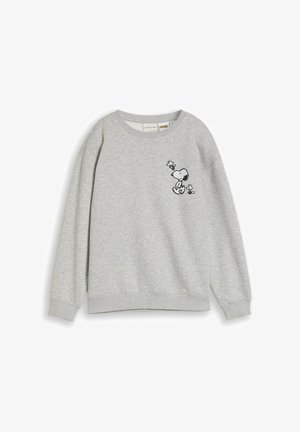 Felpa a maniche lunghe grigio chiaro con un piccolo disegno a fumetti bianco e nero di Snoopy e Woodstock sul petto sinistro.