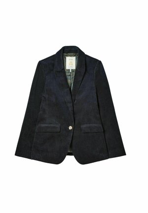 Navy corduroy blazer featuring a notched lapel, two front pockets, and a single button closure; textured fabric with intricate lining detail.