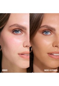 Close-up of a woman's face showing lighter skin tone on the left and a visibly darker, tanned skin tone on the right after 3-6 hours.