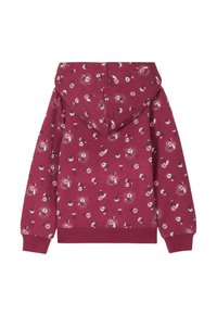 Burgunderfarbener Hoodie mit floralem Druck, ausgestattet mit einer Kapuze mit Kordelzug, gerippten Bündchen und Saum, aus weichem Stoff, ideal für die Freizeit.