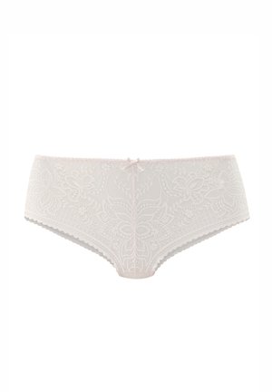 Lace briefs in light pink featuring floral patterns and scalloped edges, with a small bow detail at the center front.