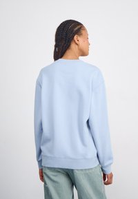 Lyseblå genser med rund hals, senkede skuldre og ribbet mansjetter. Glatt tekstur, minimalistisk design og avslappet passform.