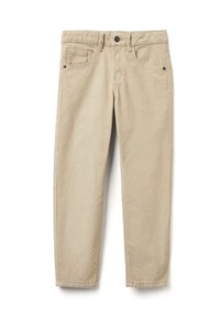 Béžové bavlněné kalhoty s úzkým střihem, s knoflíkovým zapínáním, pěti kapsami a strukturovaným povrchem. Rovný střih nohavic se šitými švy.