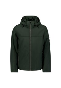 Green jacket with a hood, made of smooth fabric. Features a front zipper, two zippered side pockets, and adjustable drawstrings at the hood.