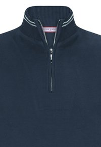Maglione blu navy con coste, con zip a quarti e colletto rialzato a righe, completato da zip argentata.