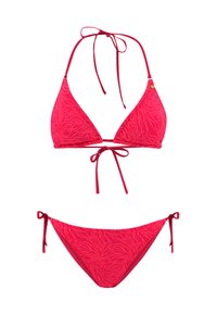 Roze bikini set met een driehoekige top en strikjes, voorzien van reliëf golfpatronen op de stof voor textuur.