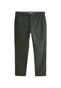 Chinos verde scuro realizzati in cotone, con una texture liscia, tasche standard e un design a gamba dritta. Nessun motivo o abbellimento visibile.