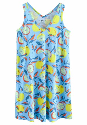 Robe bleue sans manches avec motif de fruits d'agrumes jaunes et de feuilles orange, avec un col en V et une coupe ample et fluide.