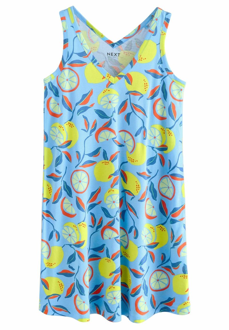 Robe bleue sans manches avec motif de fruits d'agrumes jaunes et de feuilles orange, avec un col en V et une coupe ample et fluide.