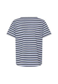 Camiseta de manga corta con cuello redondo y rayas horizontales en azul marino y blanco, vista desde atrás sobre un fondo blanco.