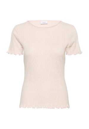 Top a coste rosa chiaro con maniche corte a volants e collo rotondo. Presenta una texture sottile e una forma aderente.