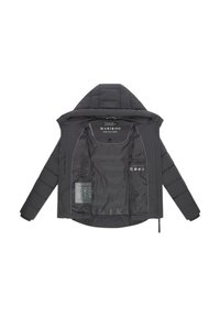 Veste en duvet noire avec capuche, design matelassé, logo bien visible à l'intérieur, plusieurs étiquettes d'entretien et matériau extérieur lisse.