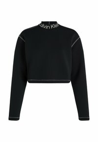 Felpa nera a cropped con maniche lunghe, caratterizzata da un collo alto e cuciture a contrasto. Logo "Calvin Klein" sul colletto. Tessuto liscio.