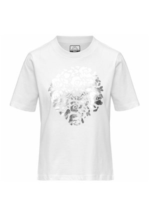 Maglietta bianca a maniche corte con motivo floreale argento riflettente che forma un disegno circolare sul davanti, taglia piccola.