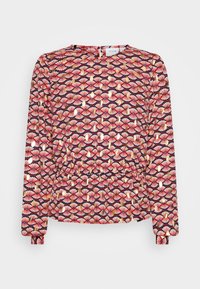 Langärmlige Bluse aus leichtem Stoff, mit einem mehrfarbigen Muschel-Muster auf dunklem Hintergrund und einem elastischen Taillendetail.