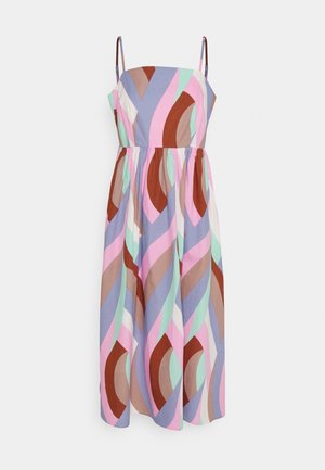 Ärmelloses Kleid aus einem Baumwollmix mit einem bunten, wellenförmigen Muster in den Farben Pink, Braun, Creme und Mint. Ausgestellte A-Linien-Silhouette.