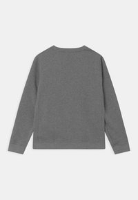 Grå långärmad sweatshirt med crewneck, visad bakifrån på en vit bakgrund, med uppvikta ärmar och rak fåll.