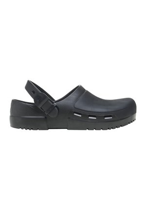 Black slip-on clog with adjustable heel strap, ventilation holes near sole, and textured sole for grip.