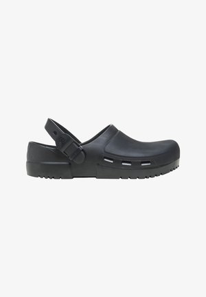 Black slip-on clog with adjustable heel strap, ventilation holes near sole, and textured sole for grip.