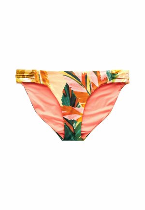 Bikini-Höschen in einem Blumendesign mit rosa, orange und grünen Farbtönen. Aus glattem Stoff gefertigt, mit gerafften seitlichen Details und einer mittelhohen Passform.