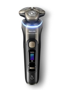 Rasoi elettrico Philips i9000 Prestige Ultra con tre teste rotonde, corpo argento e nero, display LED della batteria e tecnologia SkinIQ Pro.